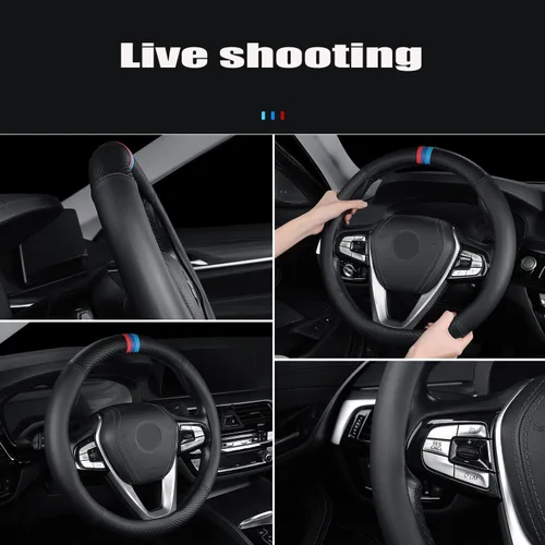 Miniatura 3 de Funda de volante de fibra de carbono para automóvil, cuero deportivo, antideslizante, universal, volante de 15 pulgadas