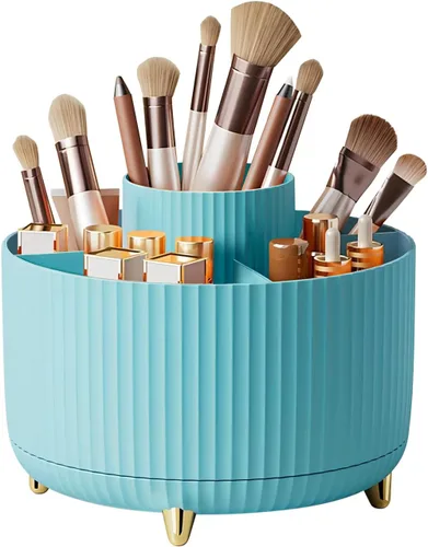 Miniatura 10 de DASITON Soporte para brochas de maquillaje de gran capacidad, organizador de maquillaje giratorio de 360°, 5 ranuras para brochas de maquillaje