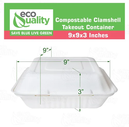 Miniatura 3 de Contenedor de comida cuadrado compostable con bisagras para llevar, 9 x 9 x 3 pulgadas, contenedores desechables de calidad resistente, con un solo