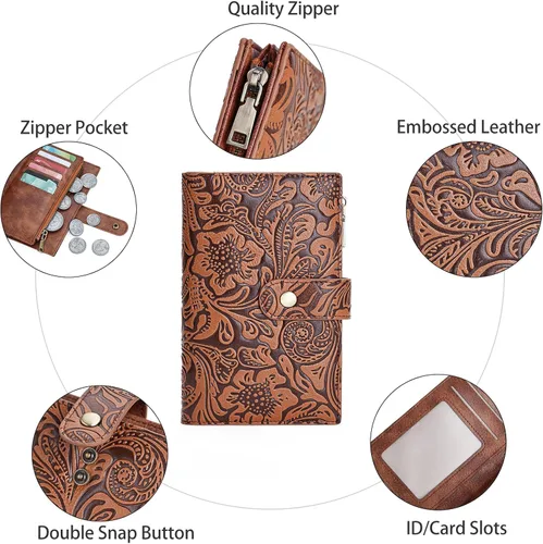 Miniatura 5 de GOIACII Cartera de viaje para mujer, con bloqueo RFID, triple pliegue, con bolsillo con cremallera para monedas, A01 café, Classic