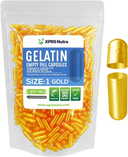 XPRS Nutra Cápsulas vacías de tamaño 1 – 500 cápsulas vacías de gelatina – Pastillas de relleno de cápsulas de bricolaje – Cápsulas de gel de Oro