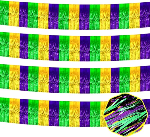 Miniatura 5 de Paquete de 4 guirnaldas de flecos de papel de aluminio negro de 10 pies con serpentinas metálicas de oropel para colgar en la pared, telón de fondo