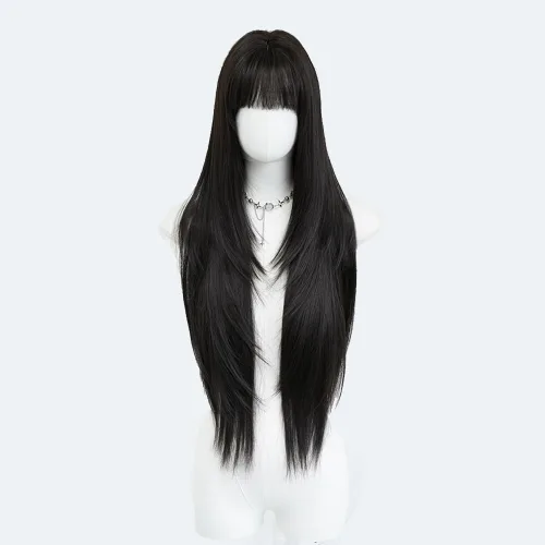 Miniatura 27 de Peluca de 22 pulgadas de largo y lacia con flequillo de cortina para mujer, cabello sintético negro, resistente al calor, para fiesta, cosplay, Té