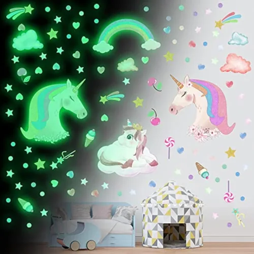 Adhesivos de unicornio que brillan en la oscuridad, calcomanías de puntos y estrellas removibles para techo, adhesivo de arcoíris luminoso para Arco