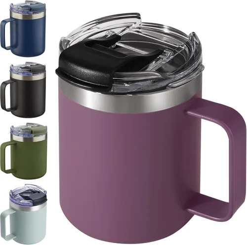 Miniatura 39 de Taza de café aislada de 12 onzas con asa, taza de café de viaje de acero inoxidable con tapa abatible, vaso de café de doble pared con aislamiento