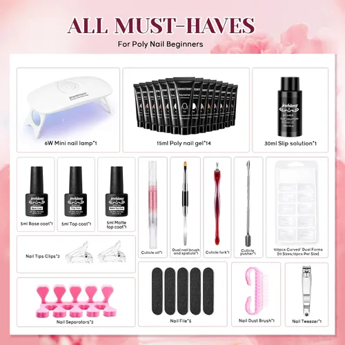 Miniatura 2 de JEWHITENY Kit de 14 piezas de gel de uñas poli, kit de gel de extensión poli, kit de iniciación con solución deslizante, juego de extensión