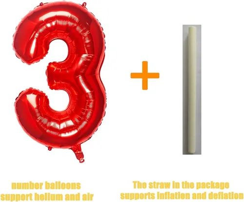 Miniatura 3 de Globos rojos de 32 pulgadas con el número 3 de aluminio, suministros de decoración de fiesta de cumpleaños (globo rojo del número 3)