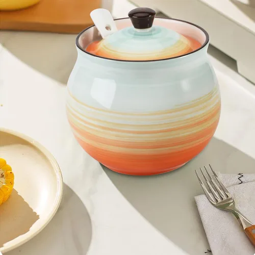 Miniatura 5 de Koythin Recipiente de grasa de tocino de cerámica con colador, 23 onzas, adecuado para almacenar aceite de freír y grasa de cocina (cian y naranja)