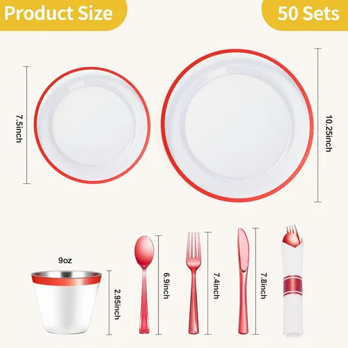 Miniatura 4 de Goodluck Juego de vajilla de plástico rojo de 350 piezas para fiesta, platos desechables transparentes para 50 invitados, incluye: 50 platos de cena