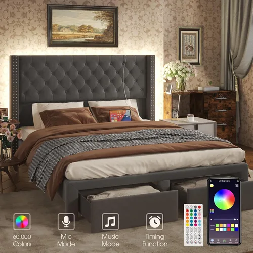 Miniatura 5 de CIKUNASI Base de cama de terciopelo Queen con cabecero, almacenamiento, luz LED, estación de carga, gris, tablero de fibra de densidad media