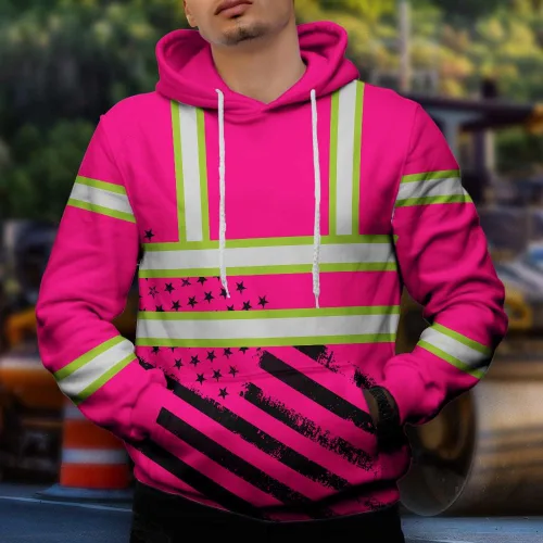 Miniatura 4 de Sudadera con Capucha de Alta Visibilidad con Bandera de EE.UU. de Color Personalizado para Hombres y Mujeres con Cintas Reflectantes, Ropa