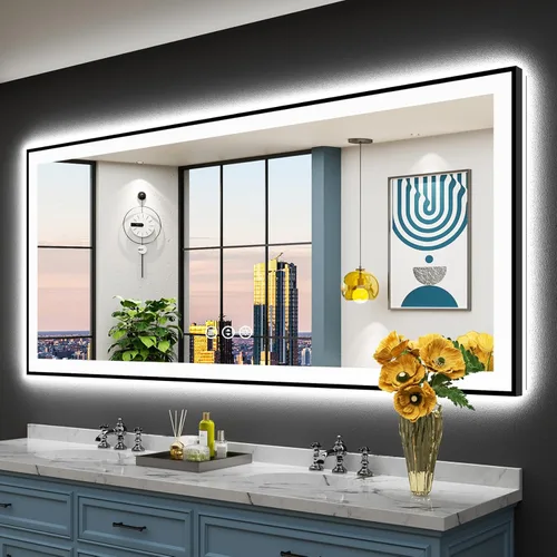 Miniatura 51 de 30x36 Espejo de baño LED con luces, retroiluminado y luz frontal, espejo de tocador iluminado antivaho para pared de baño, 3 colores, regulable