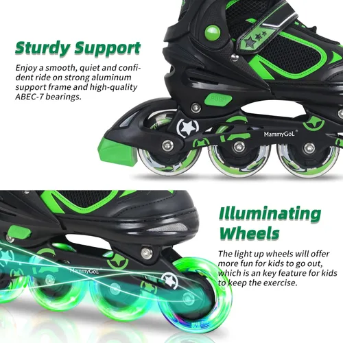 Miniatura 3 de MammyGol Adjustable Inline Skates for Kids Boys Girls Youth Blades Roller Skates with Light up Wheels Ages 4-16 Verde