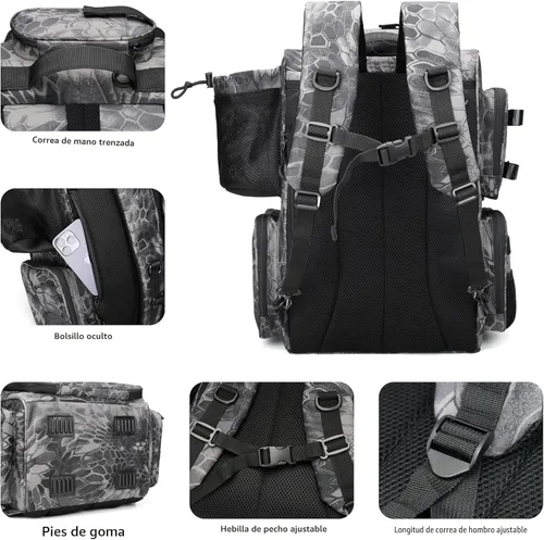 Miniatura 5 de Rabjen Mochila de aparejos de pesca con soportes para caña, soporte para botellas, bolsa de almacenamiento, tienda de equipo de pesca Camuflaje Negro