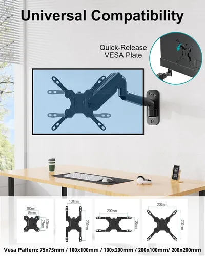 Miniatura 2 de MOUNT PRO Soporte de pared para monitor para pantallas curvadas planas de 35 pulgadas/26.4 libras, brazo de monitor único de alta resistencia