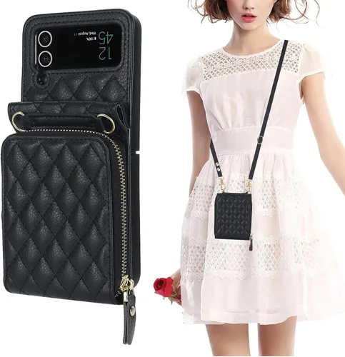 KIHUWEY Funda tipo cartera para Samsung Galaxy Z Flip 4, bolso cruzado con cremallera con ranura para tarjeta de crédito, bloqueo RFID, correa Negro