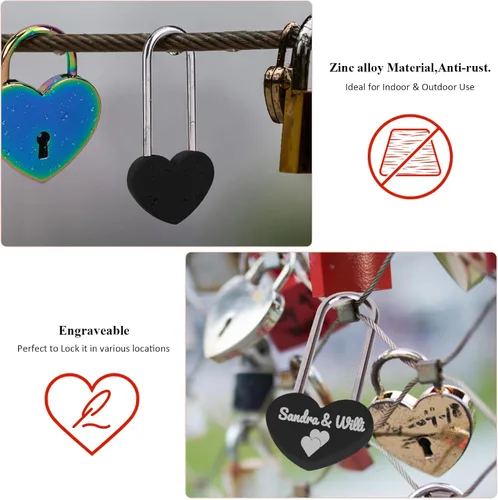 Miniatura 5 de Candado de amor VeYocilk de 3.5" 50mm en forma de corazón, candado de corazón negro para deseos de amor, ideal para bodas, San Valentín