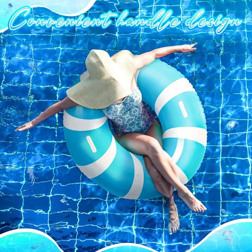 Miniatura 5 de WinnerWhy 1 anillo de natación azul jumbo con asas de 47.24 pulgadas, tubo inflable de flotador de piscina clásico a rayas para adultos, tumbonas