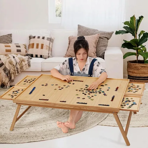 Miniatura 7 de TEAKMAMA Tablero de rompecabezas de madera de 1500 piezas con 4 cajones, mesa de rompecabezas plegable con cubierta protectora, tablero de Marrón