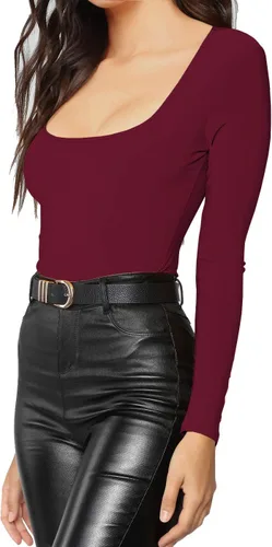 Miniatura 131 de MANGDIUP Body esencial para mujer, cuello redondo, manga larga, ajustado, elástico, de algodón y elastano