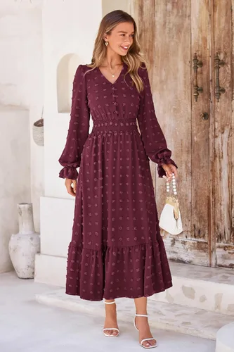 Miniatura 3 de MASCOMODA Vestido largo para mujer, manga larga, cuello en V, lunares suizos, bohemio, fruncido, cintura alta, acampanado, con escalonados, vestidos