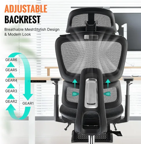 Miniatura 8 de Silla de oficina ergonómica, silla de escritorio de malla para el hogar, cómoda silla de juegos con reposapiés, ruedas, reposacabezas 2D ajustable