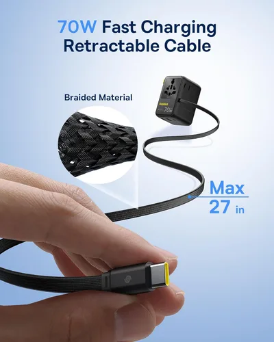 Miniatura 4 de Baseus Adaptador de viaje universal de 70 W y cable USB C retráctil Baseus de 100 W