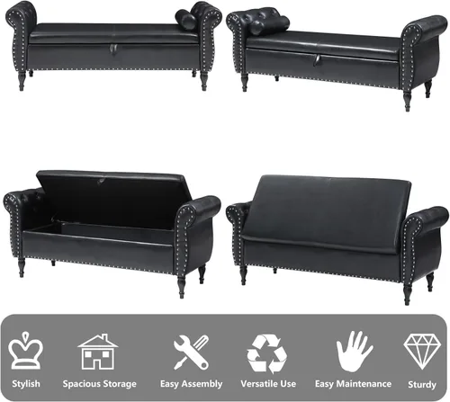 Miniatura 6 de Aoowow Banco de almacenamiento para dormitorio, extremo de cama, enrollado, de piel sintética, otomano, asiento largo, ventana, chimenea, banco
