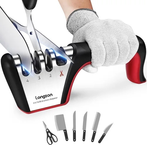 Miniatura 10 de Longzon Afilador de cuchillos 5 en 1 de 4 etapas con guante resistente a cortes, afila y restaura rápidamente las cuchillas sin filo, fácil y seguro