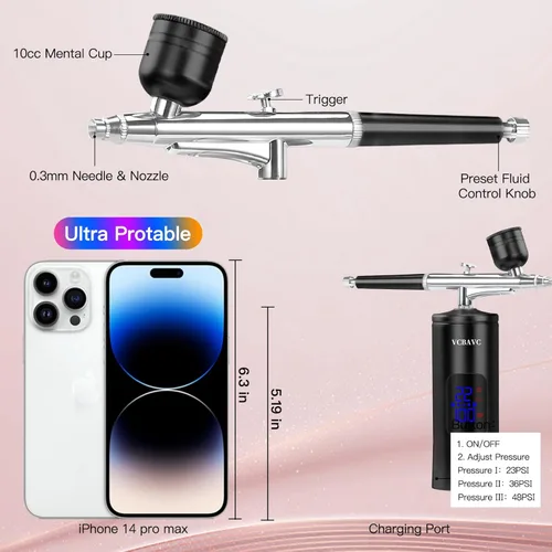 Miniatura 5 de Kit de aerógrafo con compresor 48PSI de alta presión, juego de cepillos de aire sin obstrucciones, recargable con boquilla de 0.012 in y cepillo