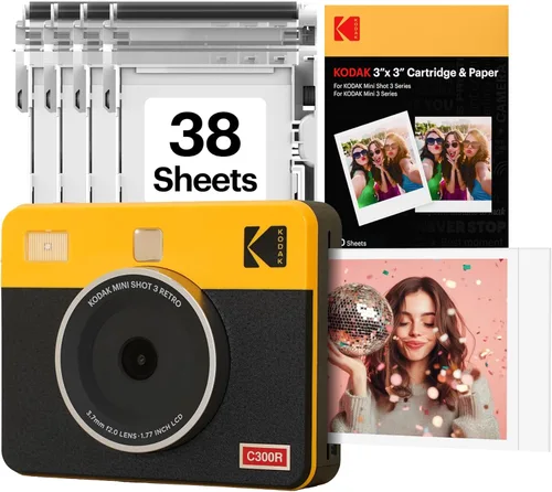KODAK Mini Shot 3 Cámara digital instantánea retro de 3 x 3 pulgadas e impresora fotográfica, 38 hojas, cámara de impresión portátil 2 en 1, Amarillo