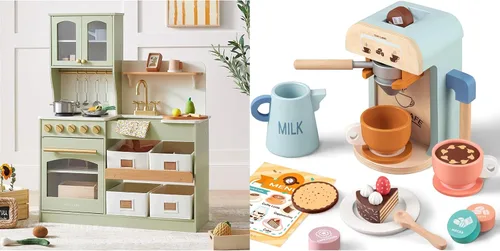 Tiny Land Juego de cocina con sistema de almacenamiento, juguetes (verde) y cafetera para niños, juego de cocina de madera para niñas y niños