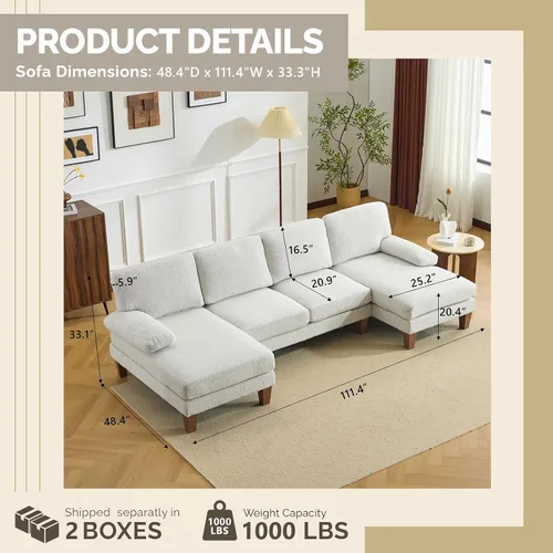 Miniatura 2 de VINGLI Sofá seccional en forma de U de 110' con dos chaise, sofá pequeño asequible con 4 asientos, sofás cómodos de tela chenille para sala