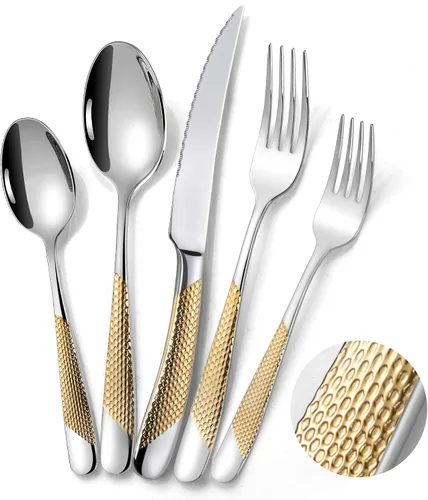 Miniatura 13 de Lemeya Juego de cubiertos martillados de oro rosa martillado de 20 piezas para 4 con cuchillos de forja dentados, juego de cubiertos moderno