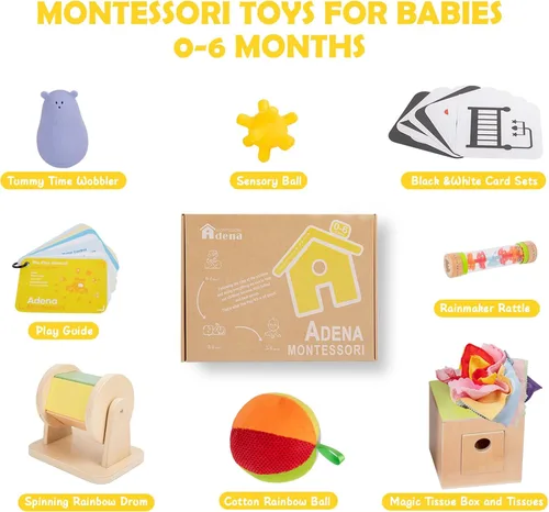 Miniatura 2 de Juguetes Montessori 8 en 1 para bebés de 0 a 6 meses, tarjeta blanca y negra para recién nacidos, sonajero Rainmaker para bebés, caja de pañuelos