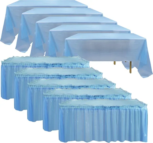 Frtzal Paquete de 5 faldas y paños de mesa de plástico, mesas rectangulares, 54 x 108 pulgadas, azul, fiesta, cumpleaños, baby shower