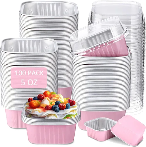 Miniatura 15 de Skylety 100 Piezas Moldes para Hornear Cuadrados Mini de 5 oz con Tapa Molde de Lámina de Aluminio para Magdalenas Molde para Brownies Moldes Varios