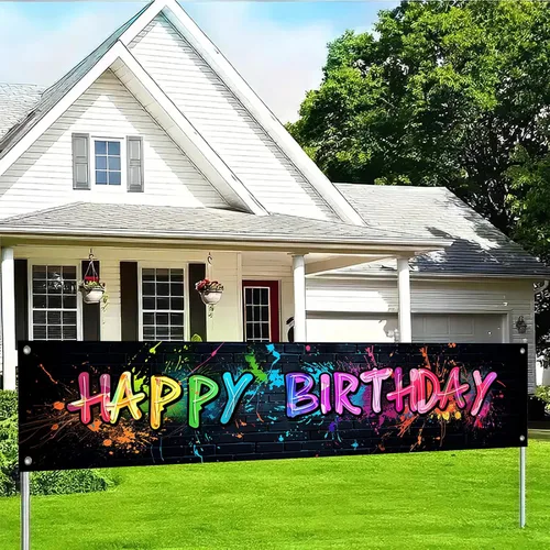 Miniatura 2 de BlissYard Cartel de feliz cumpleaños con diseño colorido de grafiti salpicaduras, vibrante y divertido, 118 x 20 pulgadas para fiesta de cumpleaños