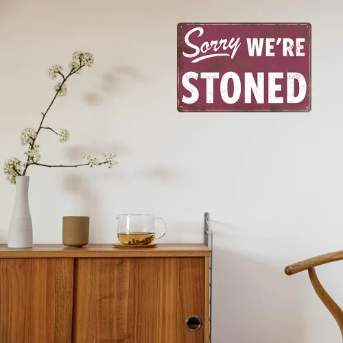 Miniatura 5 de Divertida decoración de garaje con texto en inglés «Man Cave Bar, signo de humor», letrero de estaño «Sorry We Are Stoned», accesorios de garaje