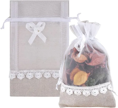 SumDirect Bolsa de arpillera con cordón de rosa, 20 bolsas de regalo de organza de yute de encaje de 4 x 6 pulgadas, bolsas de regalo de lino