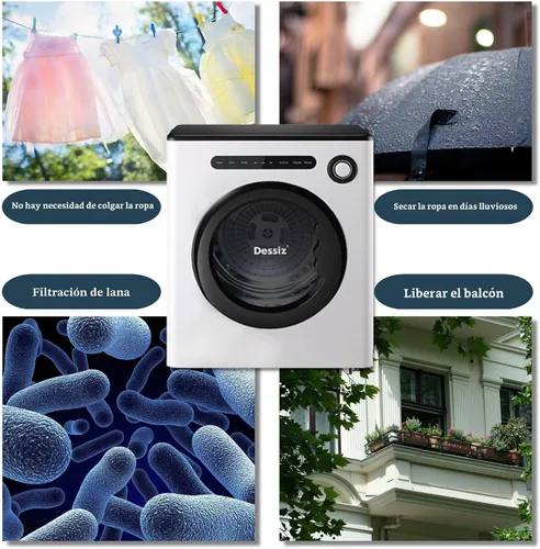Miniatura 7 de Dessiz Secadora compacta de 11 libras de 950 W, secadora de ropa portátil para espacios pequeños, caravanas y apartamentos, silenciosa, resistente