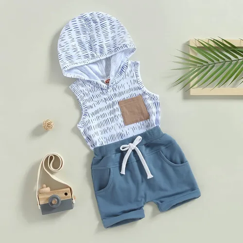 Miniatura 23 de Conjunto de ropa de verano para bebé niño y niño, diseño a cuadros, manga corta, sudadera con capucha y pantalones cortos casuales