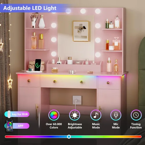 Miniatura 5 de HUANLEGO Escritorio de tocador con espejo y luces, tocador de maquillaje con espejo y luces LED y toma de corriente, 3 cajones y armarios, 3 modos