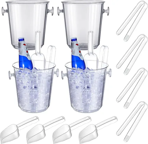 Irenare Cubos de hielo acrílicos para fiestas, cubo de vino transparente de 3.5 L con cuchara y pinzas de plástico, kits de cubos enfriadores de