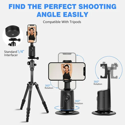 Miniatura 7 de Trípode de seguimiento facial automático, rotación de 360°, soporte para cámara de teléfono, soporte inteligente para disparos con palo selfie Negro
