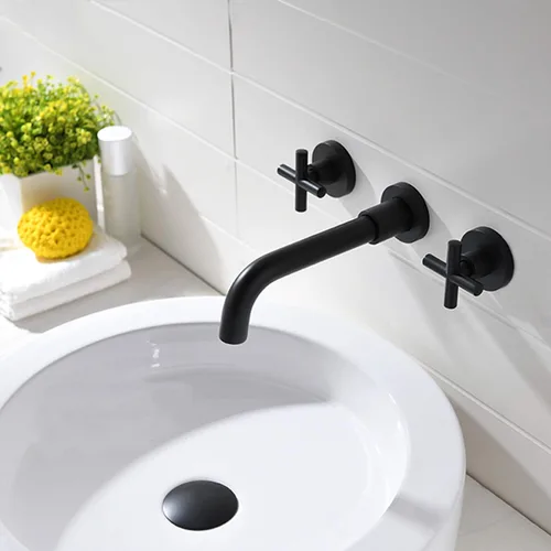 Miniatura 2 de TRUSTMI Grifo de baño de latón negro mate montado en la pared, doble mango cruzado grifo de lavabo en pared y válvula áspera incluida