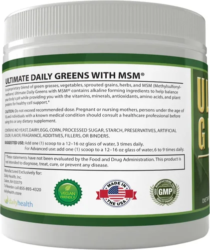 Miniatura 9 de Daily Health, Ultimate Greens con MSM en polvo, ingredientes naturales veganos sin gluten, soja, sin OMG, superalimento, bebida nutricional vegetal