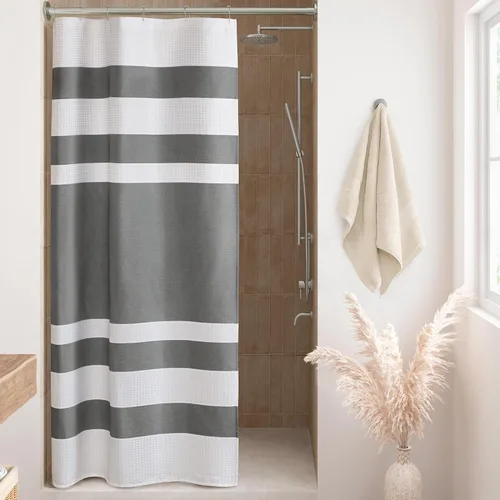 Miniatura 48 de Madison Park Cortina de ducha de tejido waffle con diseño a rayas en piezas, cortina de ducha de tela para baño con gestión de humedad 3M Rayas Taupe