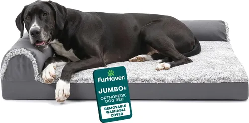Miniatura 27 de Furhaven - Cama ortopédica de espuma para perros, de piel sintética y gamuza, en forma de L, en dos tonos estilo caja de huevos, color gris piedra