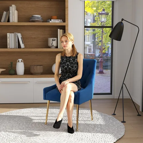 Miniatura 6 de Juego de 2 sillas de comedor, modernas sillas de comedor de terciopelo con patas doradas, elegantes sillas de acento acolchadas para recepción, sala